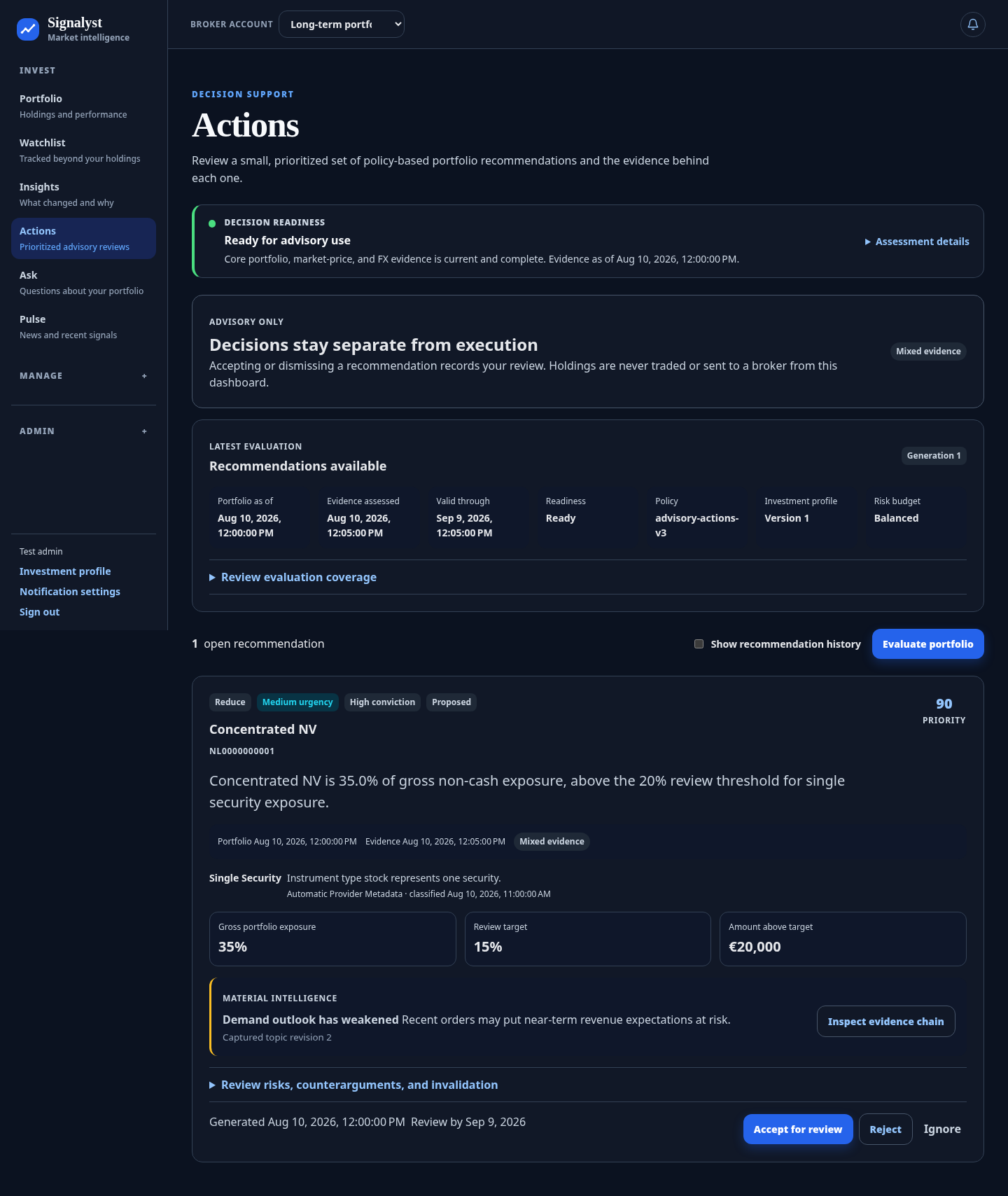 Signalyst Actions view showing a prioritized review and its supporting evidence